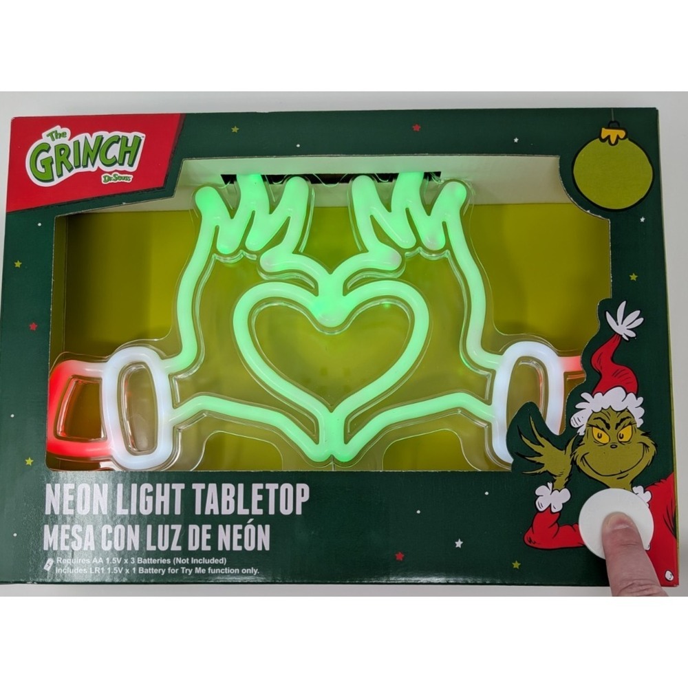 Dr Seuss The Grinch Neon Light Tabletop Heart Hands LED Holiday Decor